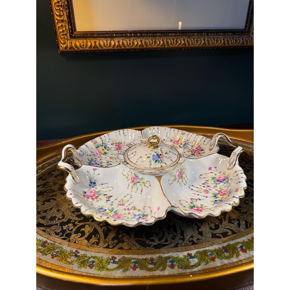 Antique Dresden Porcelain Relish Dish: Hand-Painted‎ Roses, Gilded Handles